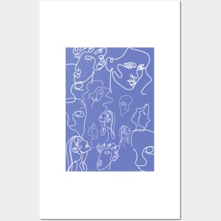 Blue One Line Art Faces Posters and Art